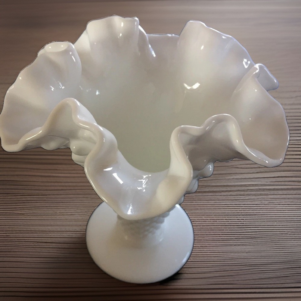 Fenton Vintage White Milk Glass Hobnail Ruffled Small Vase Mid Century